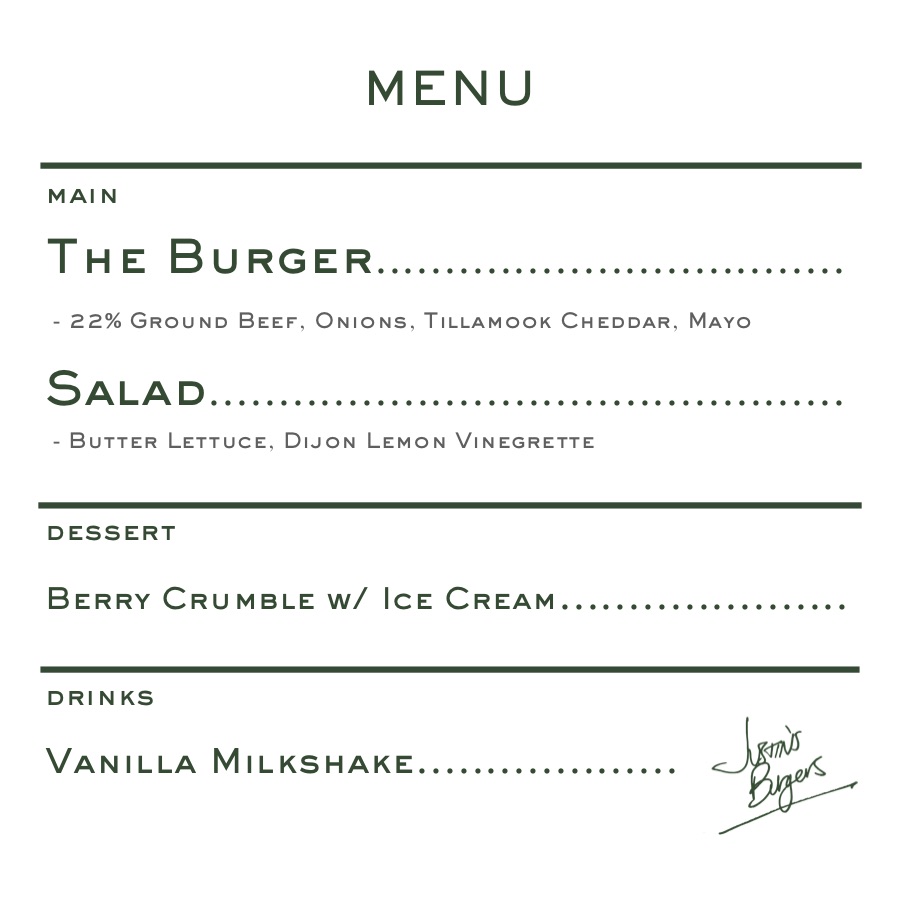 Justin's Burgers Menu Back